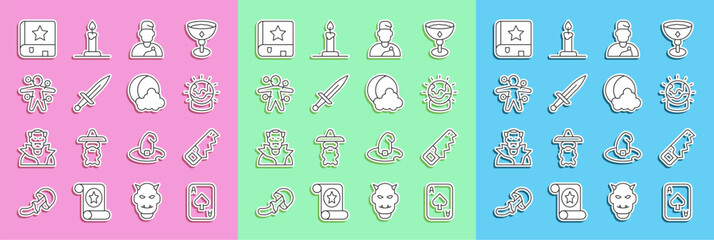 Set line Playing cards, Hand saw, Magic ball, Wizard warlock, Dagger, Voodoo doll, Ancient magic book and Moon stars icon. Vector