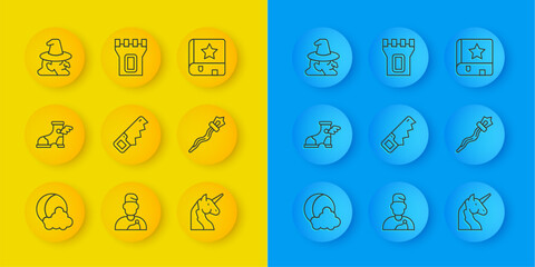 Set line Moon and stars, Hermes sandal, Hand saw, Unicorn, Magic staff, Witch, Ancient magic book and Castle tower icon. Vector