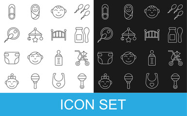 Set line Rattle baby toy, Baby stroller, Yogurt in bottle with spoon, Little boy head, crib hanging toys, Sperm, clothes pin and cradle bed icon. Vector