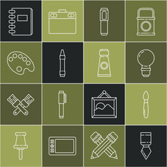 Set line Palette knife, Paint brush, Light bulb, Marker pen, Wax crayons for drawing, Spiral notebook and Tube with paint palette icon. Vector