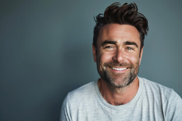 A close up portrait of a young man with a subtle smile