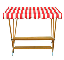 Wooden market stand stall with red white striped awning. Retail business concept. 
