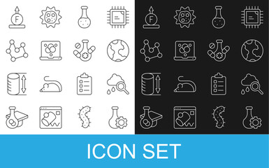 Set line Test tube, Cloud with rain, Earth globe, Chemical formula, Force of physic and Medicine pill icon. Vector