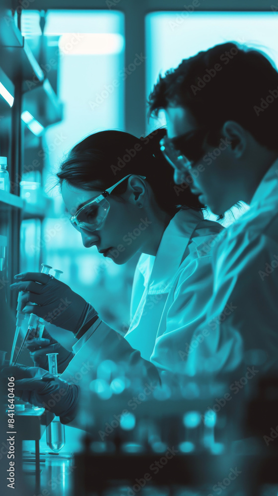 Poster two scientists in lab coats are working on a project