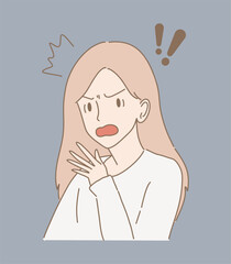 Girl showing expressions of frighten, shock, scare . Shocked woman expressing feeling, opening mouth. Exclamation mark behind. Hand drawn flat cartoon character vector illustration.