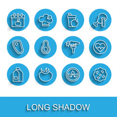 Set line Paper package for milk, Tomato, World Vegetarian day, Vegan food diet, Cookie biscuit, Avocado fruit, Heart rate and Carrot icon. Vector