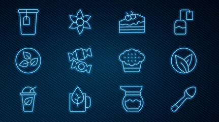 Set line Teaspoon, leaf, Piece of cake, Candy, Cup with tea bag, Muffin and Flower icon. Vector