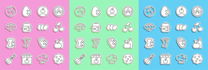 Set line Cookie or biscuit, Apple cider vinegar in bottle, Fresh berries, Cooking pot and chicken leg, Vegan bread loaf, Pig and Chicken egg icon. Vector
