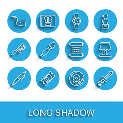 Set line Pen, Cinema ticket, Smoking pipe, Vinyl disk, Medieval sword, Silver spoon, Table lamp and Papyrus scroll icon. Vector