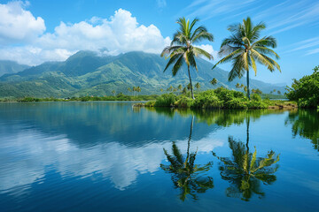 Serene Tropical Lake with Palm Trees and Mountain Reflections on a Sunny Day