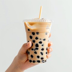 Hand holding a cup of bubble milk tea on solid white background, single object