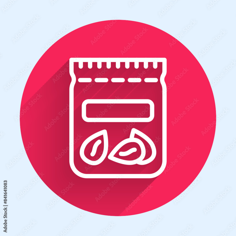 Poster white line pack full of seeds of a specific plant icon isolated with long shadow. red circle button.