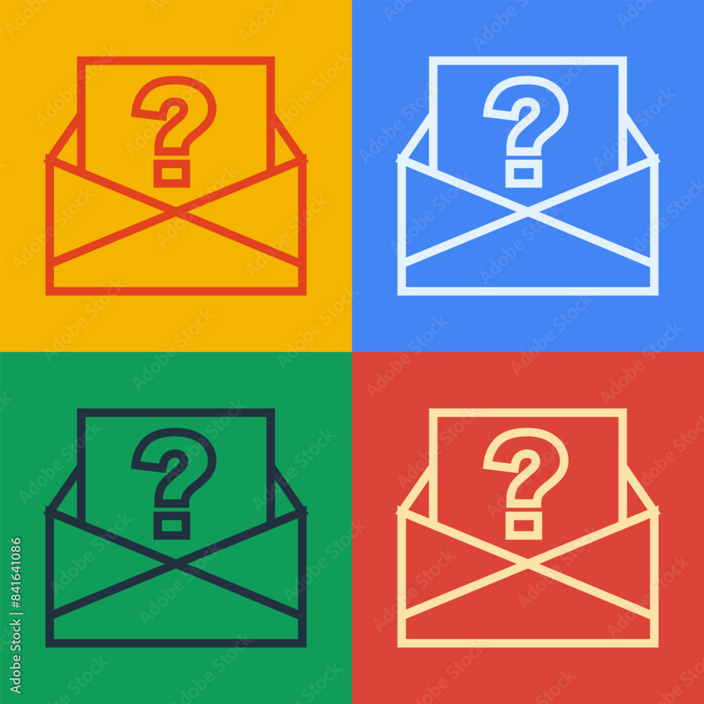 Poster pop art line envelope with question mark icon isolated on color background. letter with question mar