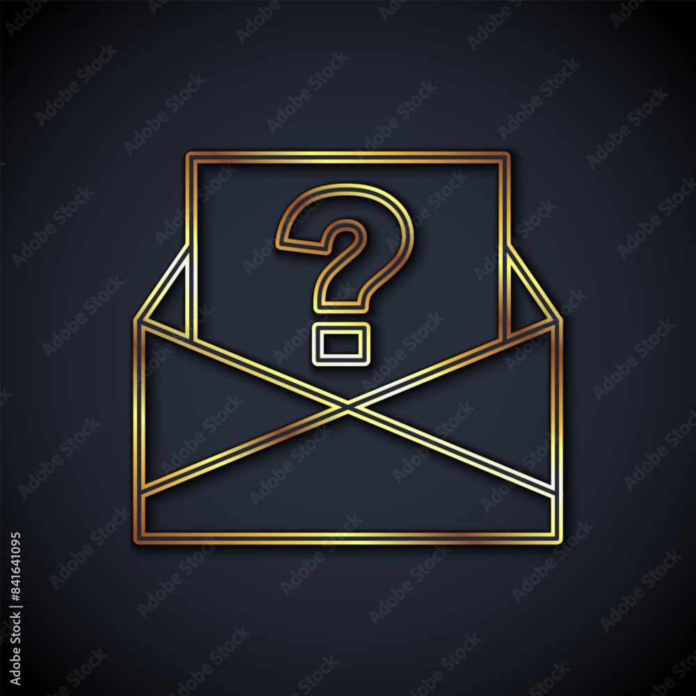 Poster gold line envelope with question mark icon isolated on black background. letter with question mark s