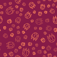 Brown line Global warming fire icon isolated seamless pattern on red background. Vector