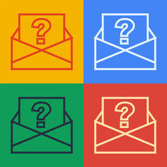 Pop art line Envelope with question mark icon isolated on color background. Letter with question mark symbol. Send in request by email. Vector