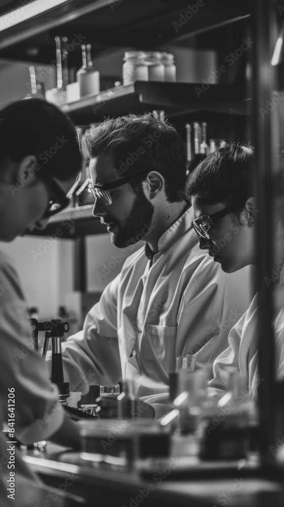Poster three scientists in lab coats are working on an experiment