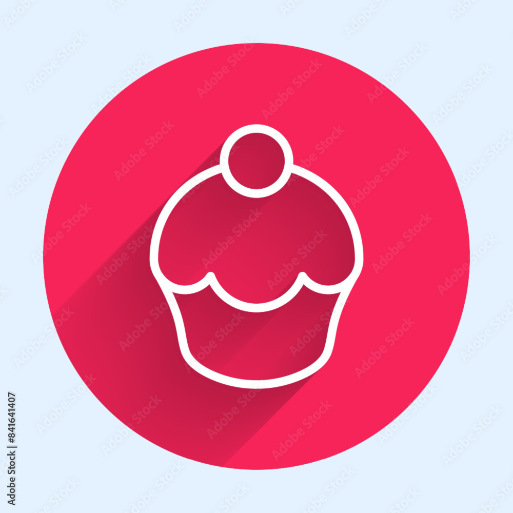 Poster white line muffin icon isolated with long shadow background. red circle button. vector
