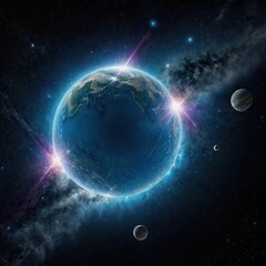 Obraz premium Galaxy with stars and planets, black background with planet in the center of spiral galaxy