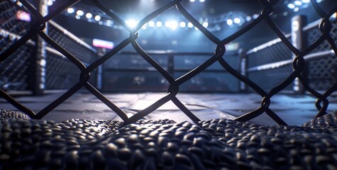 Ufc cage with black ropes and an empty stage in the background