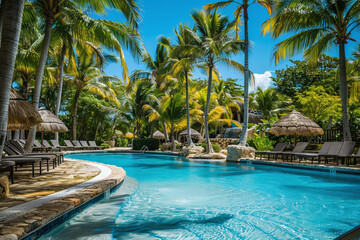 Tropical Resort Pool Surrounded by Palm Trees and Sun Loungers on a Sunny Day