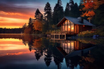 Obraz premium Peaceful hideaway at the lake, embraced by autumn hues. A picturesque autumn landscape.