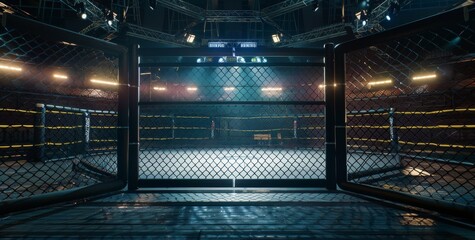 Ufc cage with black ropes and an empty stage in the background