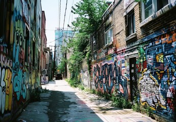Fototapeta premium vibrant energy of urban artistry as graffiti adorns the walls under the soft daylight.