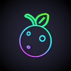 Glowing neon line Peach fruit or nectarine with leaf icon isolated on black background. Vector