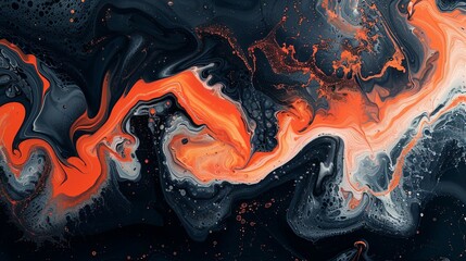 abstract marble swirl texture of orange and black with smooth curvy lines on shiny reflective top down shot 