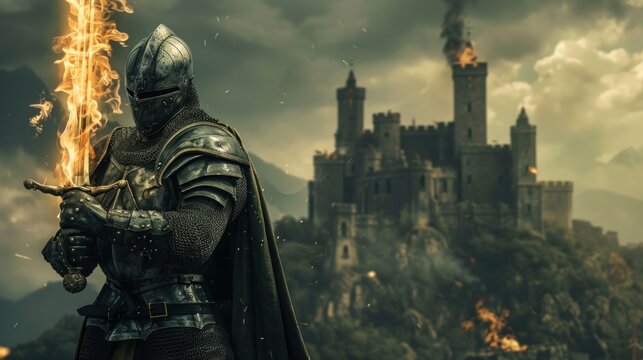 fantasy medieval knight with armor and helmet holding fire sword ready to fight on castle background