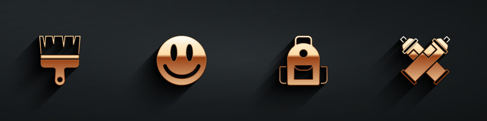 Set Paint brush, Smile face, School backpack and spray can icon with long shadow. Vector