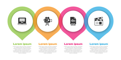 Set Video recorder on laptop, Retro cinema camera, MP3 file document and Movie clapper. Business infographic template. Vector