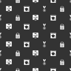 Set Medal, Online education, Key performance indicator and on seamless pattern. Vector