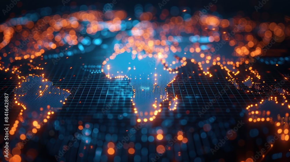 Poster colorful digital representation of a world map emphasizing data flow and global connections with vib
