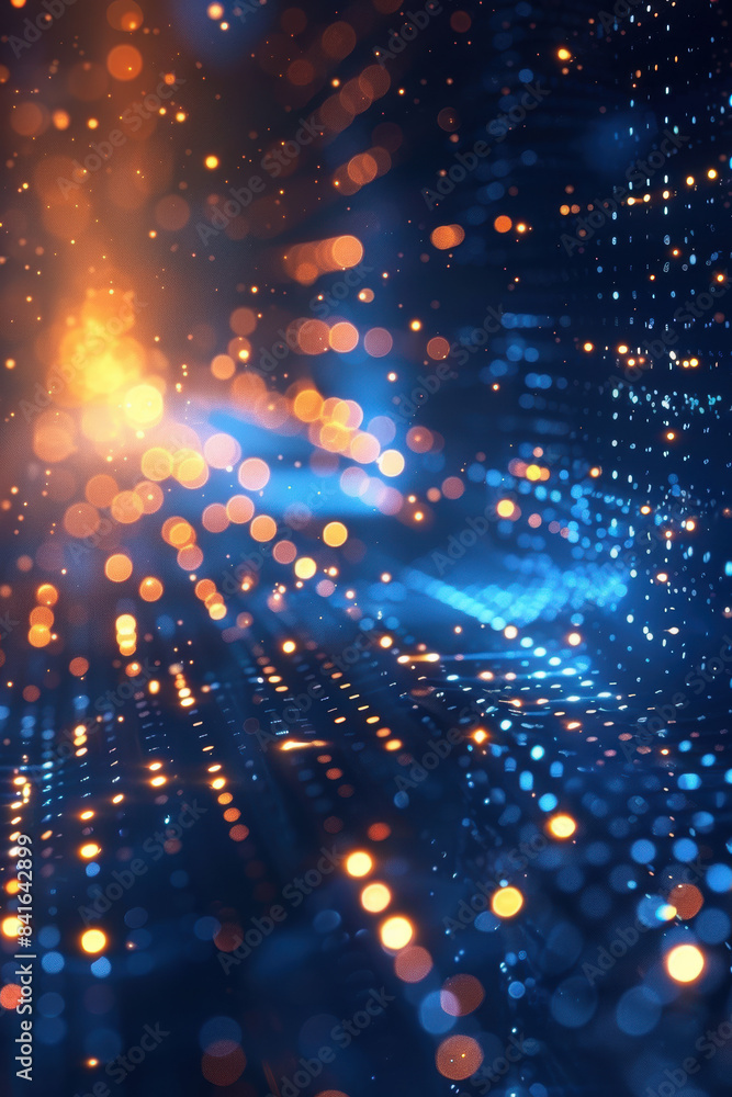 Poster abstract digital data visualization with blue and orange bokeh lights creating a futuristic and dyna
