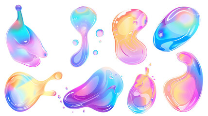 Collection of transparent rainbow liquid flow shapes in the form of bubbles and blobs, isolated on a white background, giving a playful and buoyant feel to the design.
