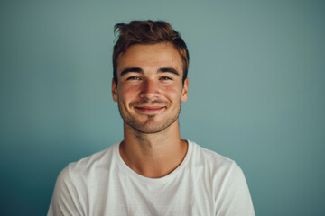 A close up portrait of a young man with a subtle smile