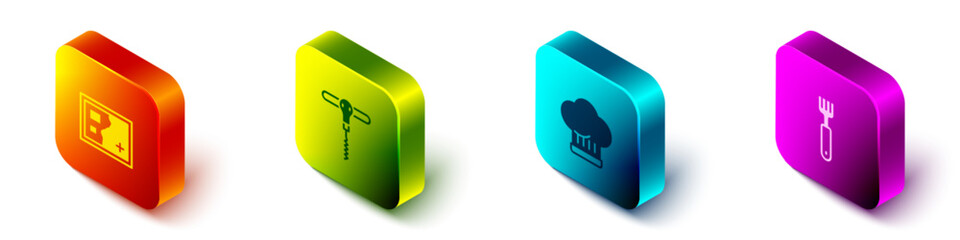 Fototapeta premium Set Isometric Folded map, Wine corkscrew, Chef hat and Fork icon. Vector