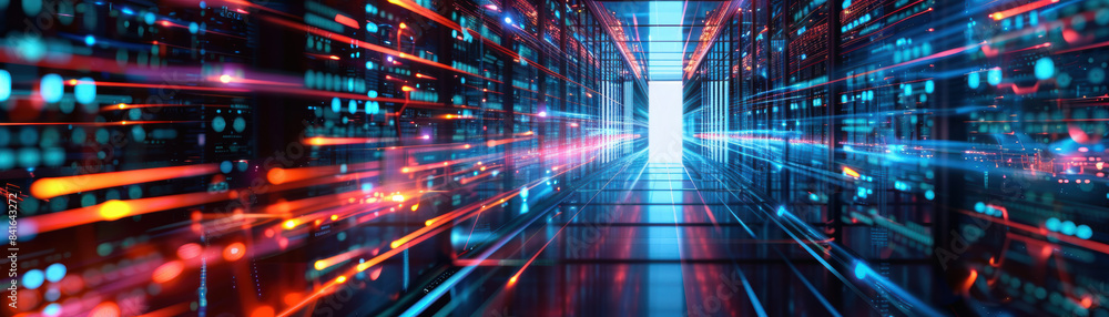 Poster futuristic data center with glowing lights highlighting rows of servers, representing advanced techn