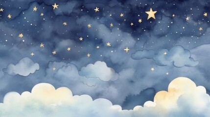 Starry night sky with clouds and stars. Watercolor illustration for design and print
