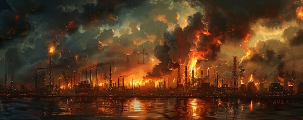 Burning oil refinery at night