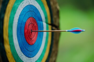 Blue Feathered Arrow Hitting the Bullseye of Colorful Archery Target in Green Field Background