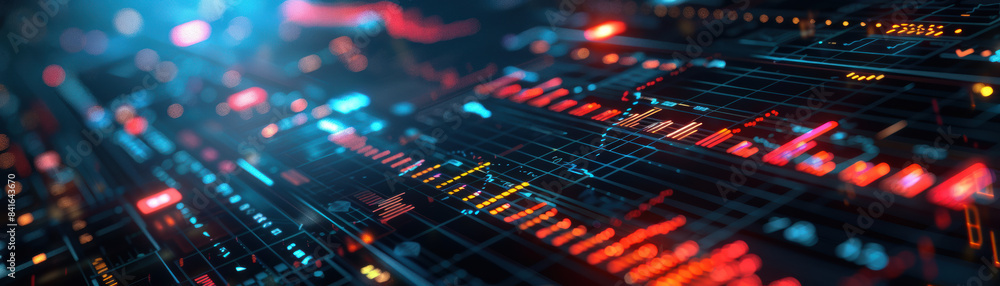 Poster abstract digital interface with futuristic data visualization and glowing lines, highlighting techno