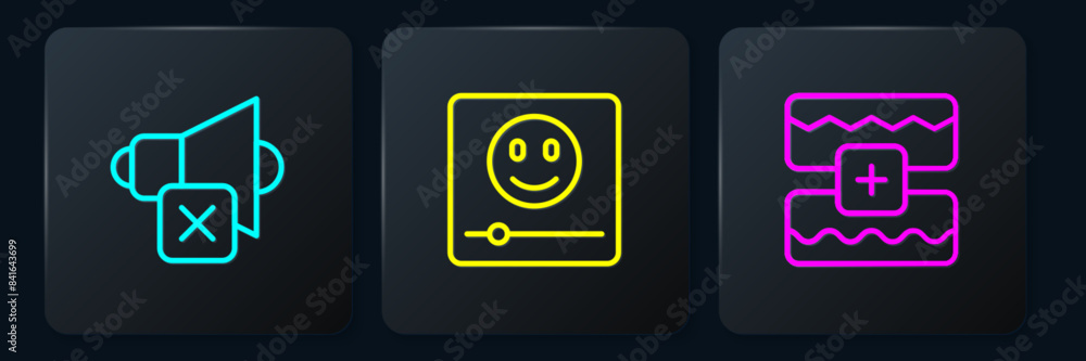 Poster set line speaker mute, music wave equalizer and player. black square button. vector