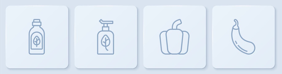 Set line Essential oil bottle, Bell pepper, Organic cosmetic and Eggplant. White square button. Vector
