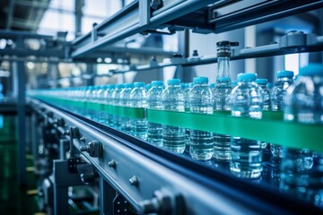Plastic water bottles with blue caps on a conveyor belt in a factory.