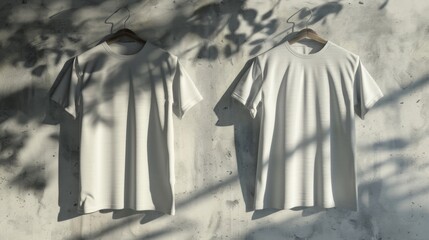 Two plain gray T-shirts on a textured dark gray background.