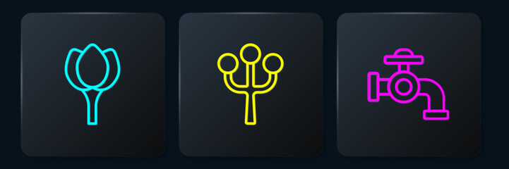 Set line Flower tulip, Water tap and Blossom tree branch. Black square button. Vector