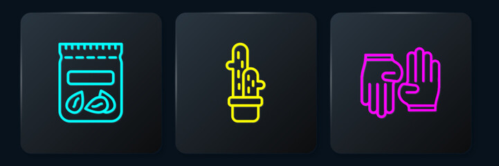 Set line Pack full of seeds of plant, Rubber gloves and Cactus peyote in pot. Black square button. Vector